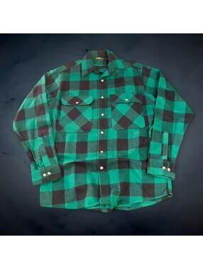Vintage 80s OshKosh B’gosh Green Black Flannel Button Up Shirt M Buffalo Plaid